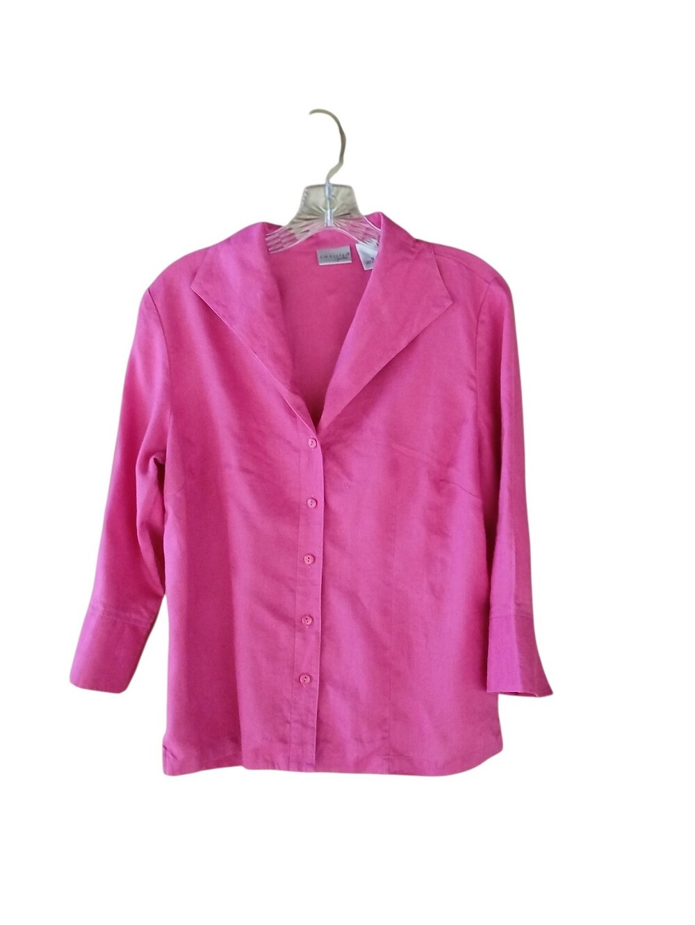 Kim Rogers Fuschia Pink 3/4 Sleeve Linen Button Down Shirt Size Medium